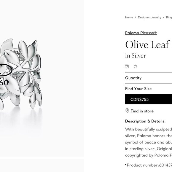 Authentic!Tiffany & Co Paloma Picasso olive leaf ring, size 7 - Picture 4 of 5